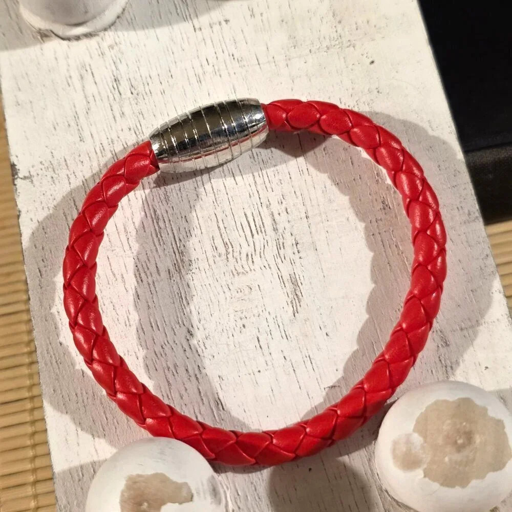 Braided Thick Red Vegan Leather Magnetic Clasp Bangle Bracelet